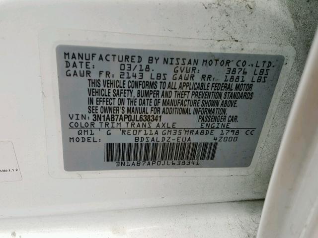3N1AB7AP0JL638341 - 2018 NISSAN SENTRA S WHITE photo 10