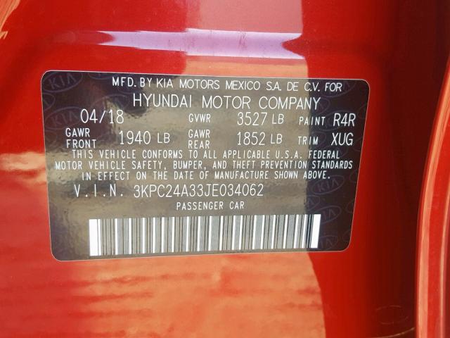 3KPC24A33JE034062 - 2018 HYUNDAI ACCENT SE RED photo 10