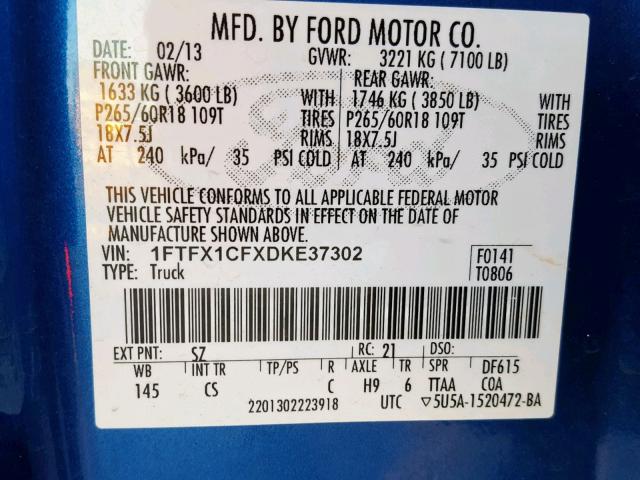 1FTFX1CFXDKE37302 - 2013 FORD F150 SUPER BLUE photo 10