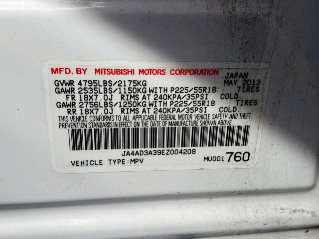 JA4AD3A39EZ004208 - 2014 MITSUBISHI OUTLANDER WHITE photo 10