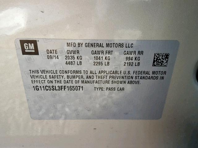 1G11C5SL3FF165071 - 2015 CHEVROLET MALIBU 1LT 金色 照片 10