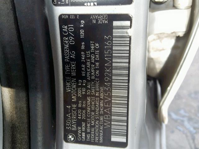 WBAEV53492KM15163 - 2002 BMW 330 I SILVER photo 10