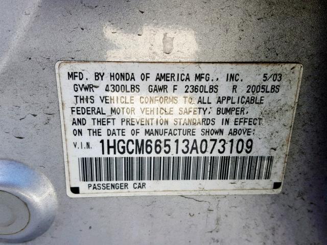 1HGCM66513A073109 - 2003 HONDA ACCORD EX SILVER photo 10