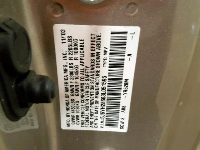 5J6YH28663L051595 - 2003 HONDA ELEMENT EX GRAY photo 10