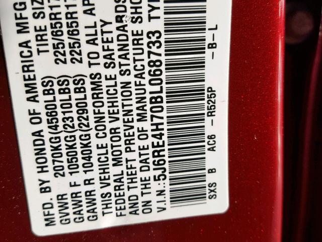 5J6RE4H70BL068733 - 2011 HONDA CR-V EXL RED photo 10