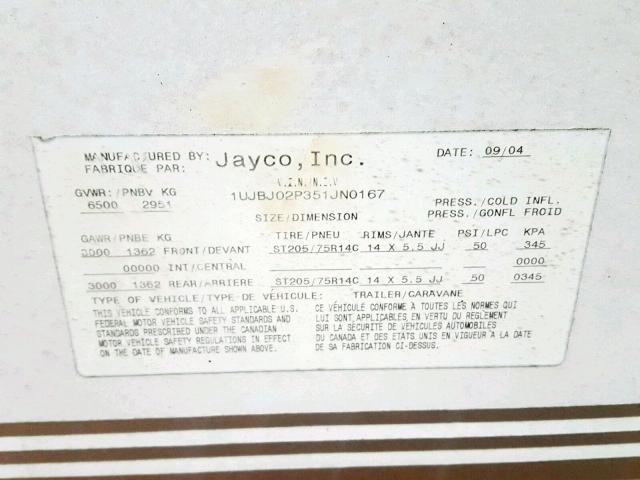 1UJBJ02P351JN0167 - 2005 JAYCO JAYFEATHER  WHITE photo 10