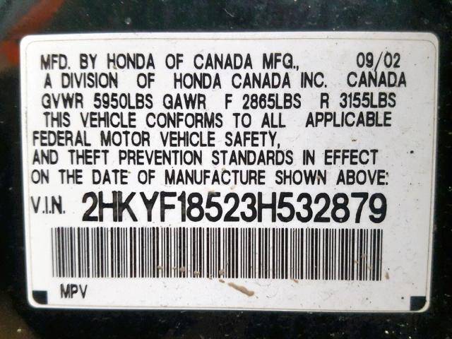 2HKYF18523H532879 - 2003 HONDA PILOT EXL BLACK photo 10