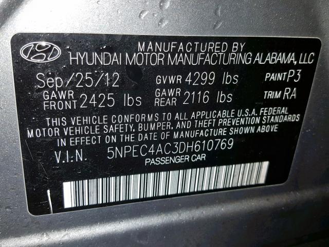 5NPEC4AC3DH610769 - 2013 HYUNDAI SONATA SE GRAY photo 10