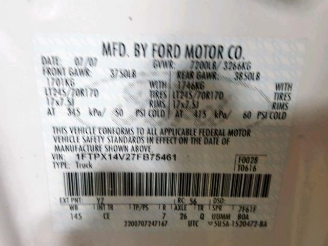 1FTPX14V27FB75461 - 2007 FORD F150 WHITE photo 10