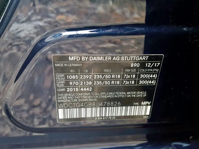 WDCTG4GB8JJ478826 - 2018 MERCEDES-BENZ GLA 250 4M BLACK photo 10