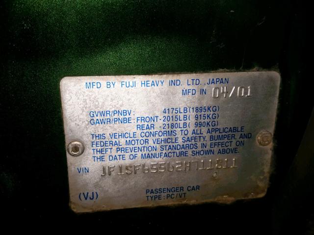 JF1SF65562H711811 - 2002 SUBARU FORESTER S GREEN photo 10