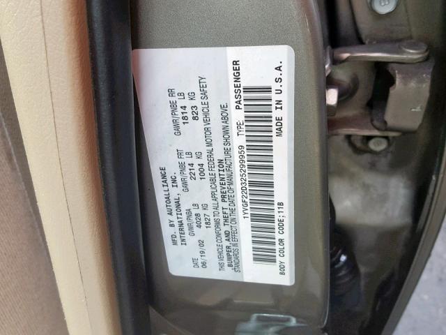 1YVGF22D325299959 - 2002 MAZDA 626 ES BEIGE photo 10