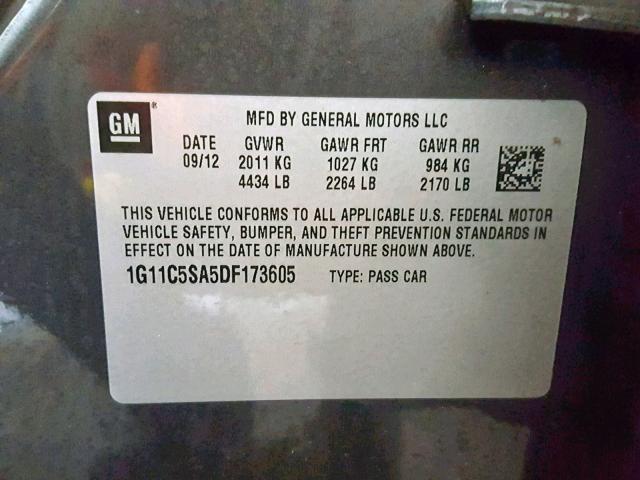 1G11C5SA5DF173605 - 2013 CHEVROLET MALIBU 1LT CHARCOAL photo 10