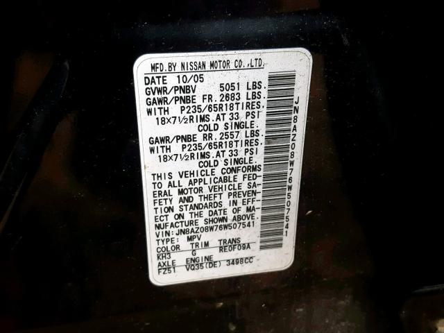 JN8AZ08W76W507541 - 2006 NISSAN MURANO SL BLACK photo 10