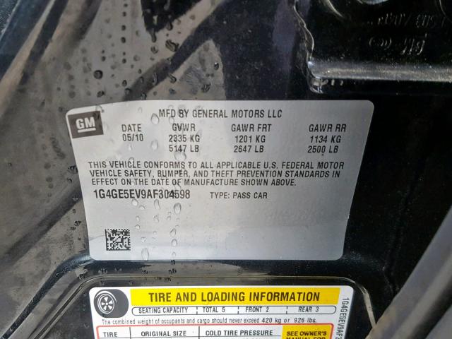 1G4GE5EV9AF304598 - 2010 BUICK LACROSSE C BLACK photo 10