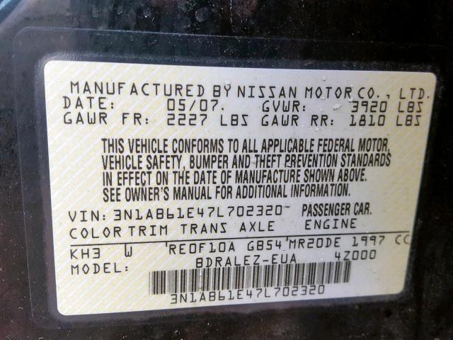 3N1AB61E47L702320 - 2007 NISSAN SENTRA 2.0 BLACK photo 10