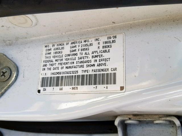 1HGCM561X7A023225 - 2007 HONDA ACCORD VAL WHITE photo 10