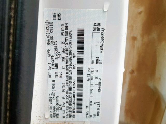 1FMCU0GX0EUE12550 - 2014 FORD ESCAPE SE 白色 照片 10