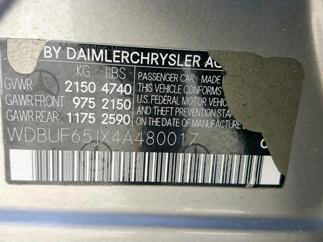 WDBUF65JX4A480017 - 2004 MERCEDES-BENZ E 320 SILVER photo 10