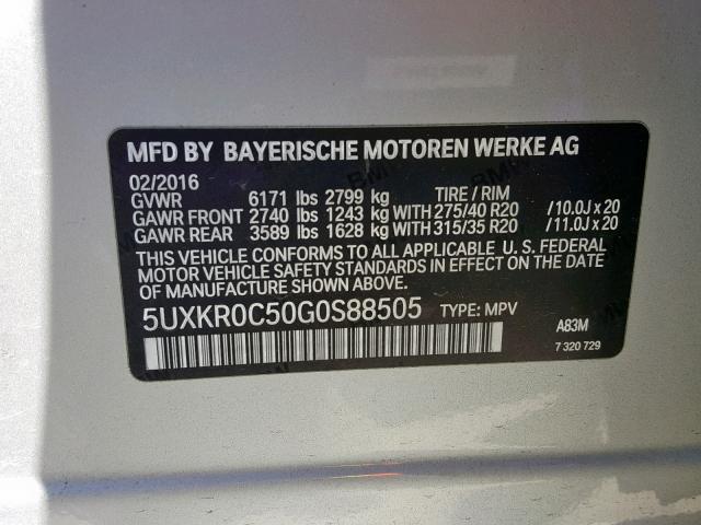 5UXKR0C50G0S88505 - 2016 BMW X5 XDRIVE3 Gümüş foto 10