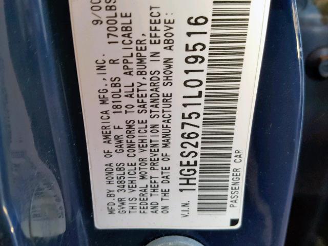 1HGES26751L019516 - 2001 HONDA CIVIC EX ლურჯი ფოტო 10