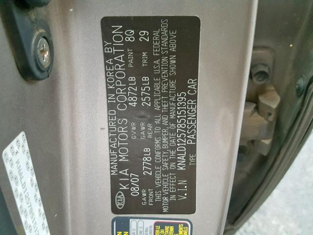 KNALD125785151395 - 2008 KIA AMANTI GOLD photo 10