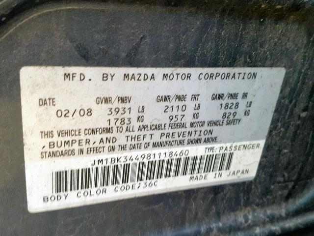 JM1BK344981118460 - 2008 MAZDA 3 HATCHBAC CHARCOAL photo 10