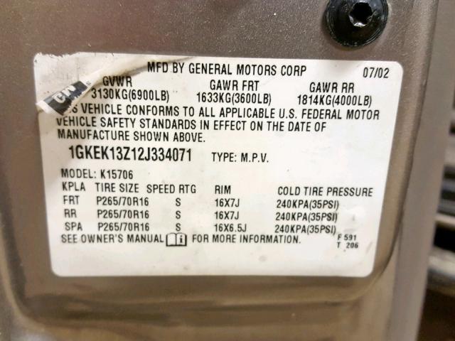 1GKEK13Z12J334071 - 2002 GMC YUKON GRAY photo 10