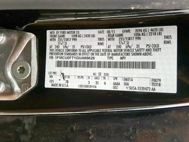 1FMCU0F71GUA66626 - 2016 FORD ESCAPE S BLACK photo 10