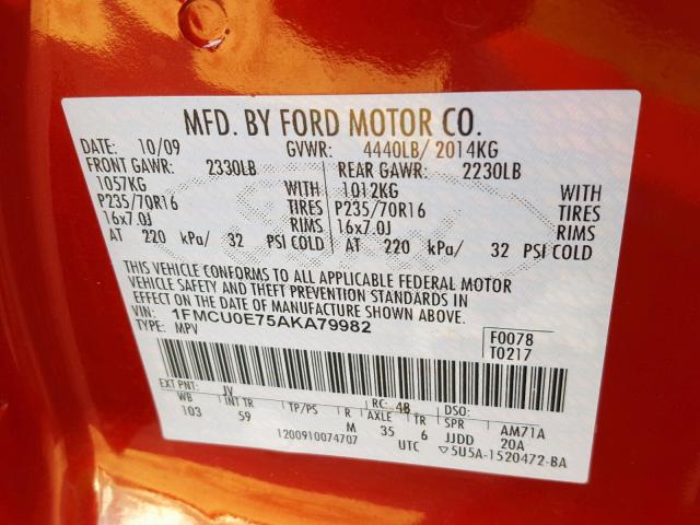 1FMCU0E75AKA79982 - 2010 FORD ESCAPE LIM Tünd qırmızı foto 10