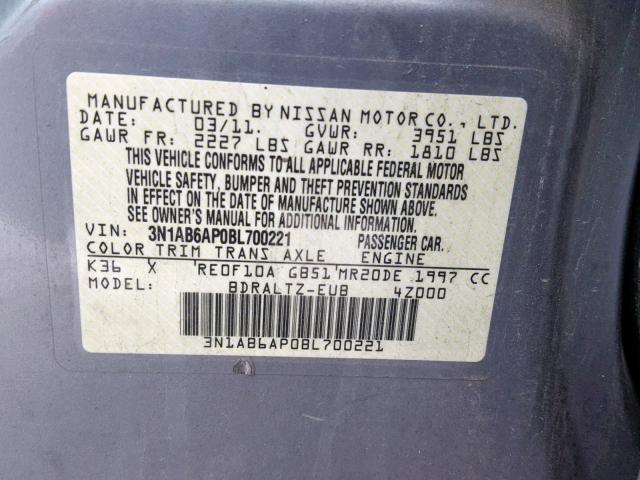 3N1AB6AP0BL700221 - 2011 NISSAN SENTRA 2.0 GRAY photo 10