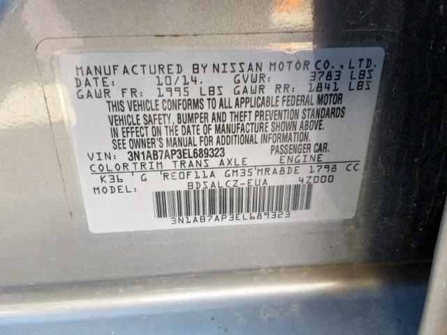 3N1AB7AP3EL689323 - 2014 NISSAN SENTRA S GRAY photo 10