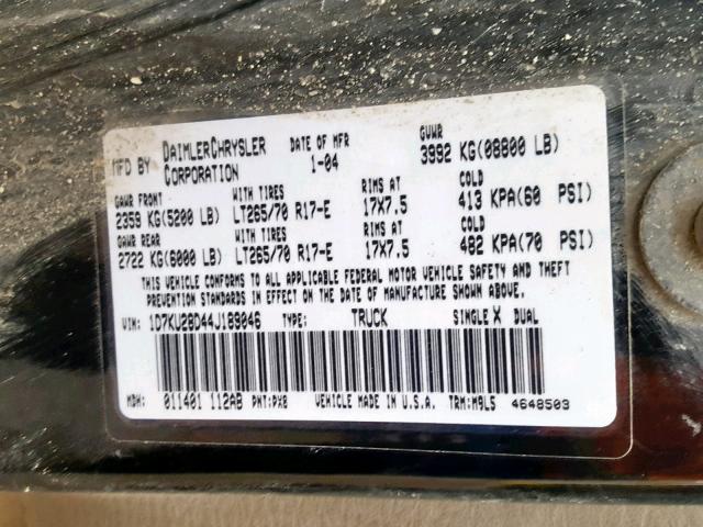 1D7KU28D44J189046 - 2004 DODGE RAM 2500 S Սև լուսանկար 10