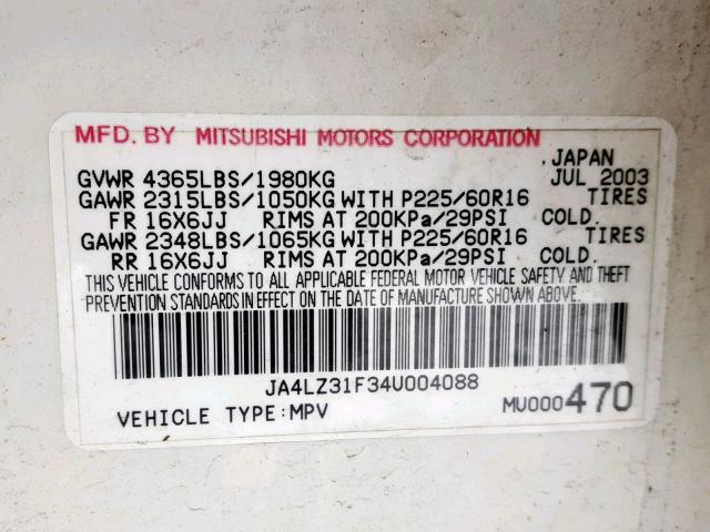 JA4LZ31F34U004088 - 2004 MITSUBISHI OUTLANDER WHITE photo 10