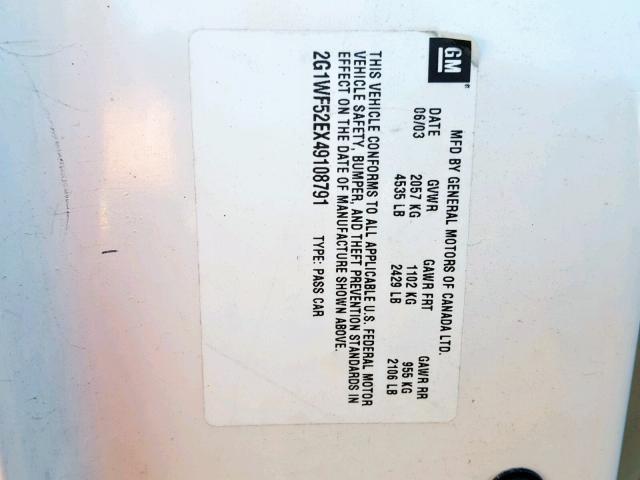 2G1WF52EX49108791 - 2004 CHEVROLET IMPALA 白色 照片 10