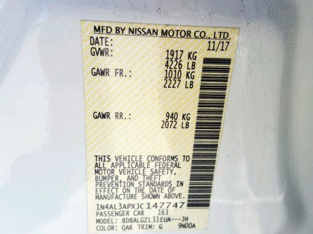 1N4AL3APXJC147747 - 2018 NISSAN ALTIMA 2.5 Ağ foto 10