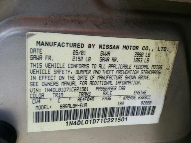 1N4DL01D71C221501 - 2001 NISSAN ALTIMA XE TAN photo 10