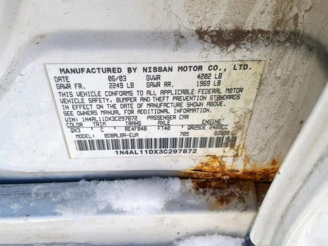 1N4AL11DX3C297872 - 2003 NISSAN ALTIMA BAS თეთრი ფოტო 10