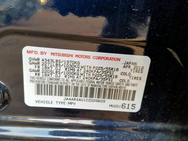 JA4AR4AU1CZ009609 - 2012 MITSUBISHI OUTLANDER BLUE photo 10