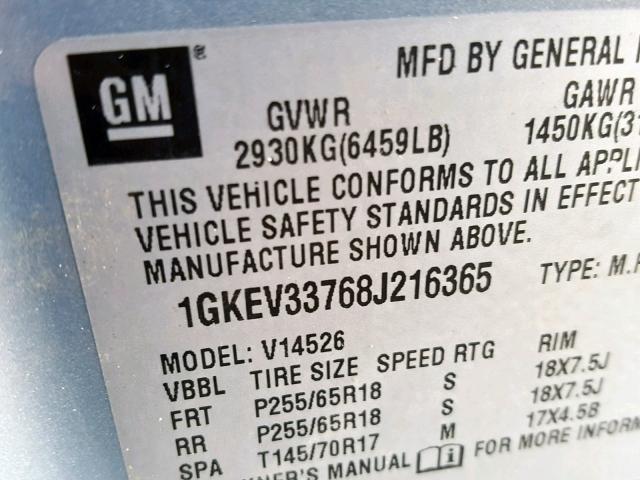 1GKEV33768J216365 - 2008 GMC ACADIA SLT BLUE photo 10