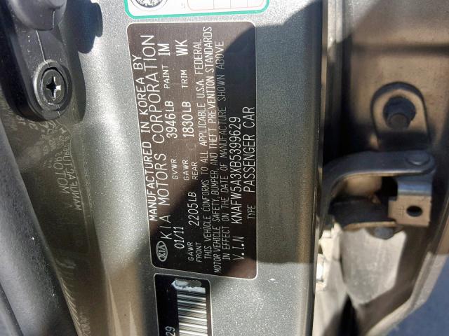 KNAFW5A3XB5399629 - 2011 KIA FORTE SX GRAY photo 10