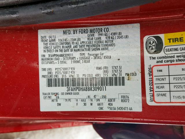 3FAHP0HA8BR309011 - 2011 FORD FUSION SE წითელი ფოტო 10