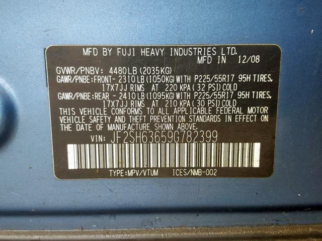 JF2SH63659G782399 - 2009 SUBARU FORESTER 2 蓝色 照片 10