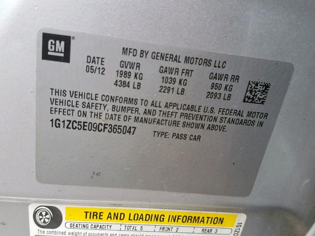 1G1ZC5E09CF365047 - 2012 CHEVROLET MALIBU 1LT 银色 照片 10