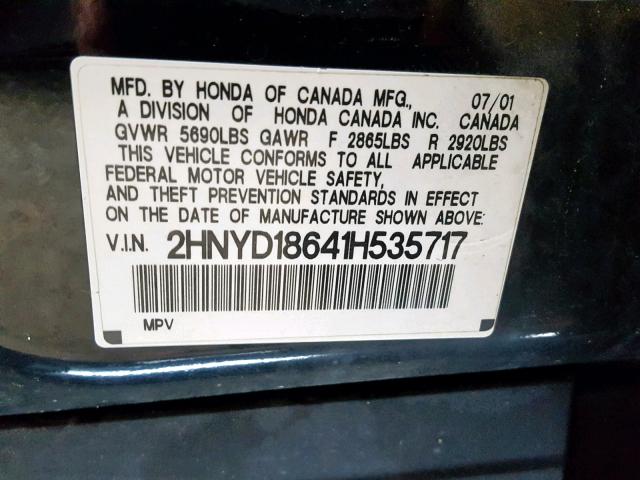 2HNYD18641H535717 - 2001 ACURA MDX TOURIN BLACK photo 10