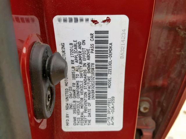 1NXBR32E23Z185878 - 2003 TOYOTA COROLLA CE RED photo 10