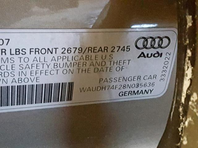 WAUDH74F28N035636 - 2008 AUDI A6 3.2 QUA ბეჟი ფოტო 10
