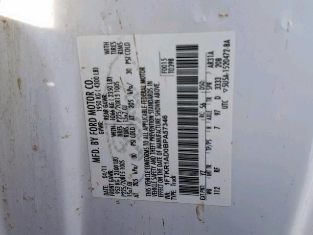 1FTKR1AD0BPA57346 - 2011 FORD RANGER WHITE photo 10