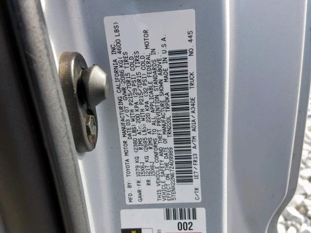 5TENX22N67Z409989 - 2007 TOYOTA TACOMA SILVER photo 10