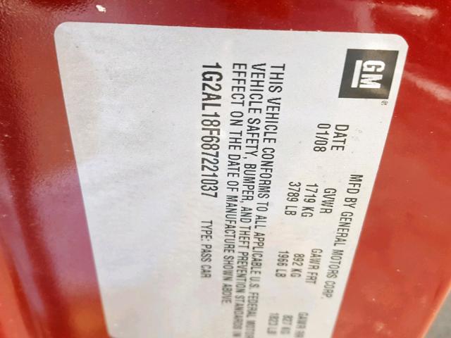 1G2AL18F687221037 - 2008 PONTIAC G5 RED photo 10